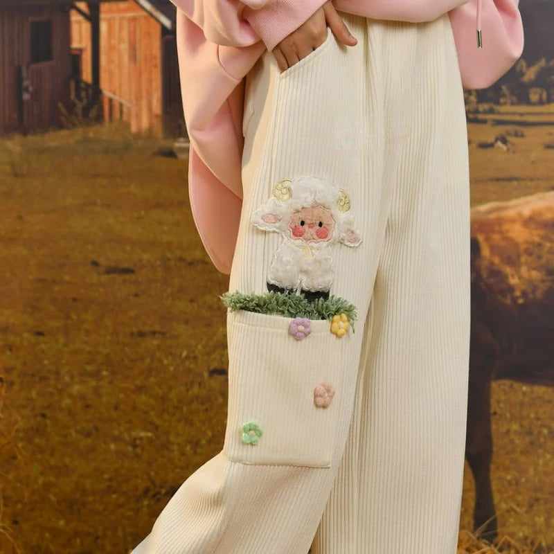Pink Corduroy Pants – Wide Leg Trousers with Flower Embroidery