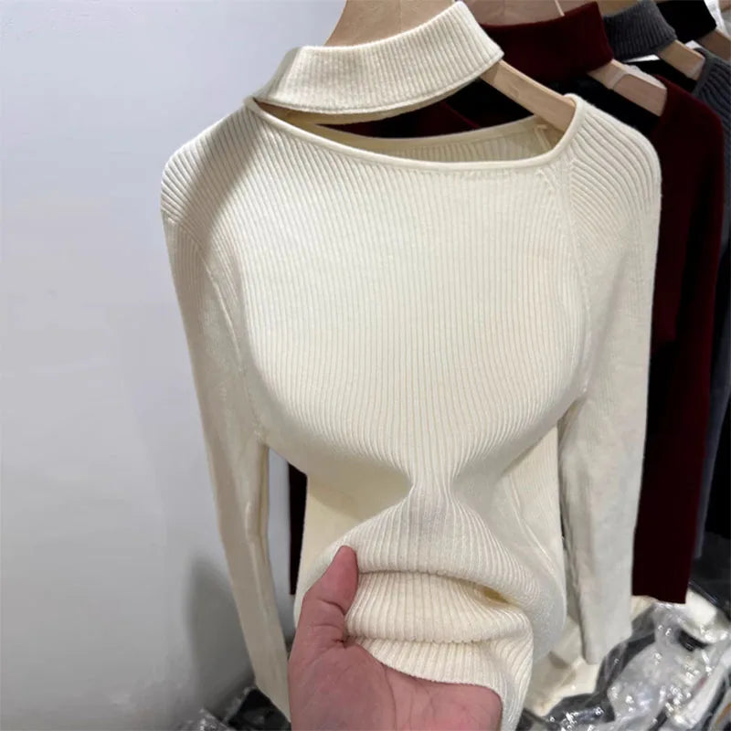 Off-Shoulder Long Sleeve Sweater – Solid Basic Knit