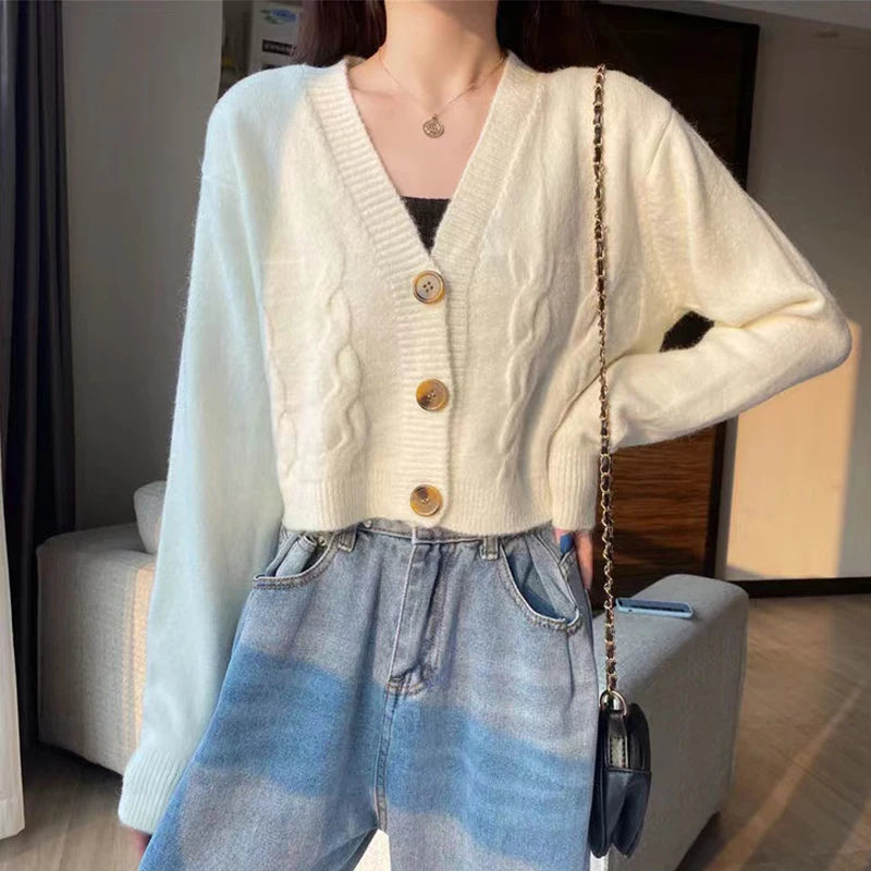 V-Neck Cropped Twist Knit Cardigan – Long Sleeve Slim Fit