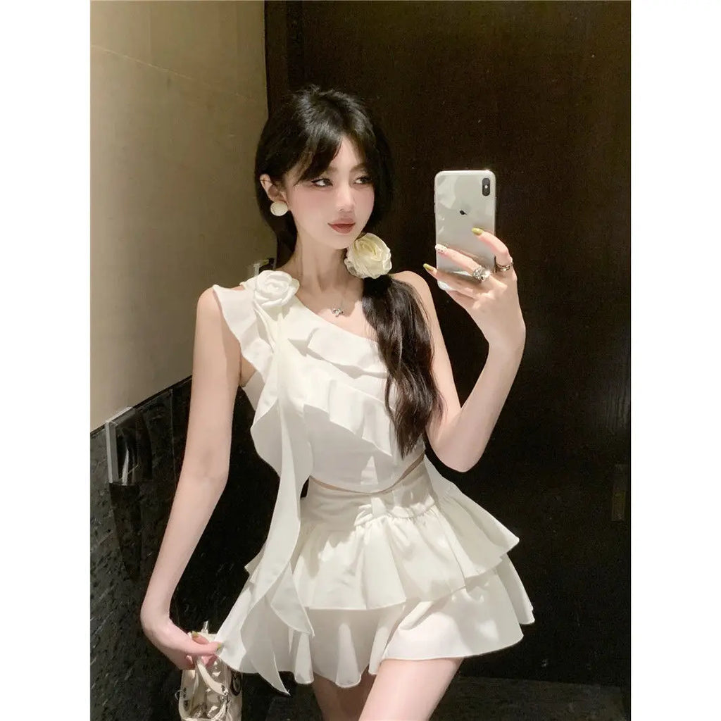 Off-Shoulder Ruffle Mini Skirt Set – Chiffon Crop Top Two-Piece