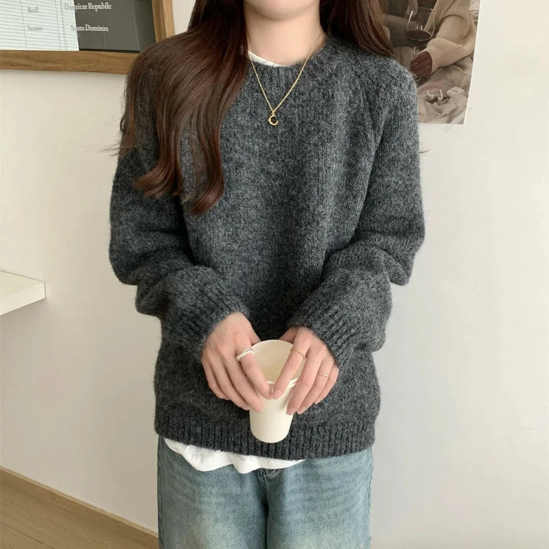Solid O-Neck Loose Sweater – Long Sleeve Knit