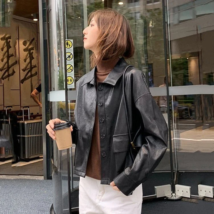 Lapel Leather Jacket – Loose Fit Minimal Rider Style