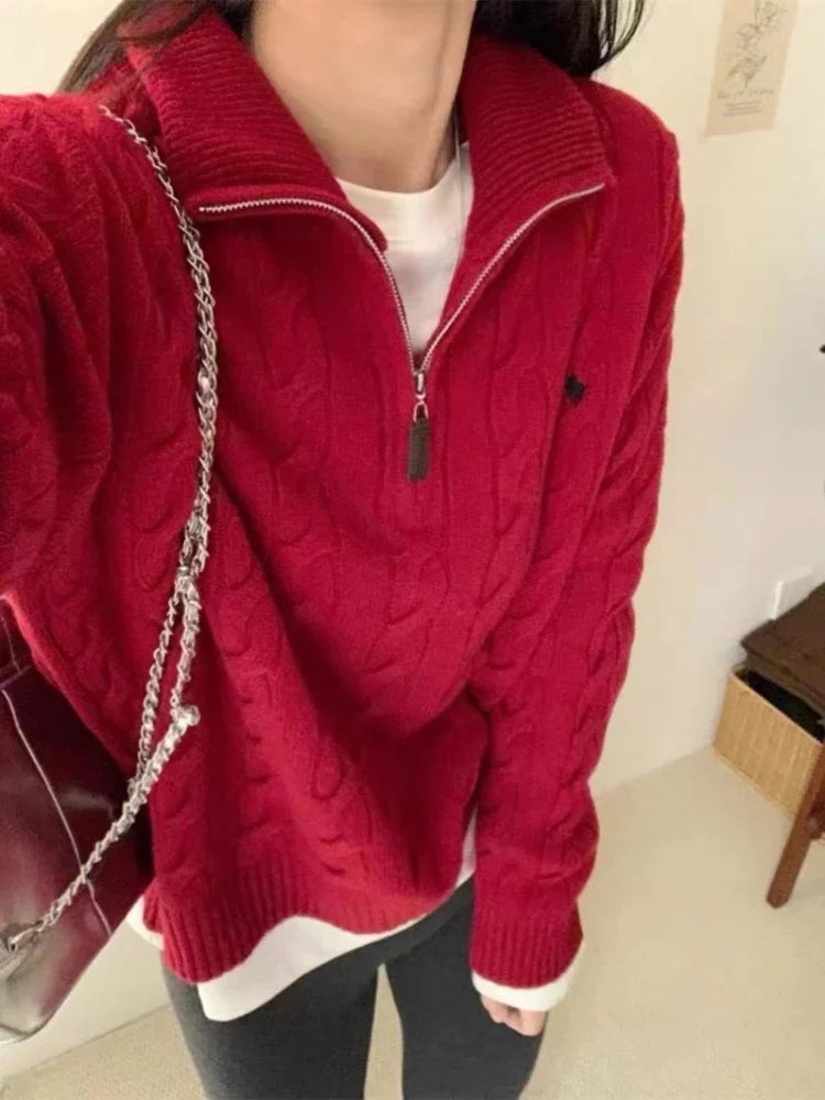 Vintage Knitted Pullover – Zipper Solid Sweater