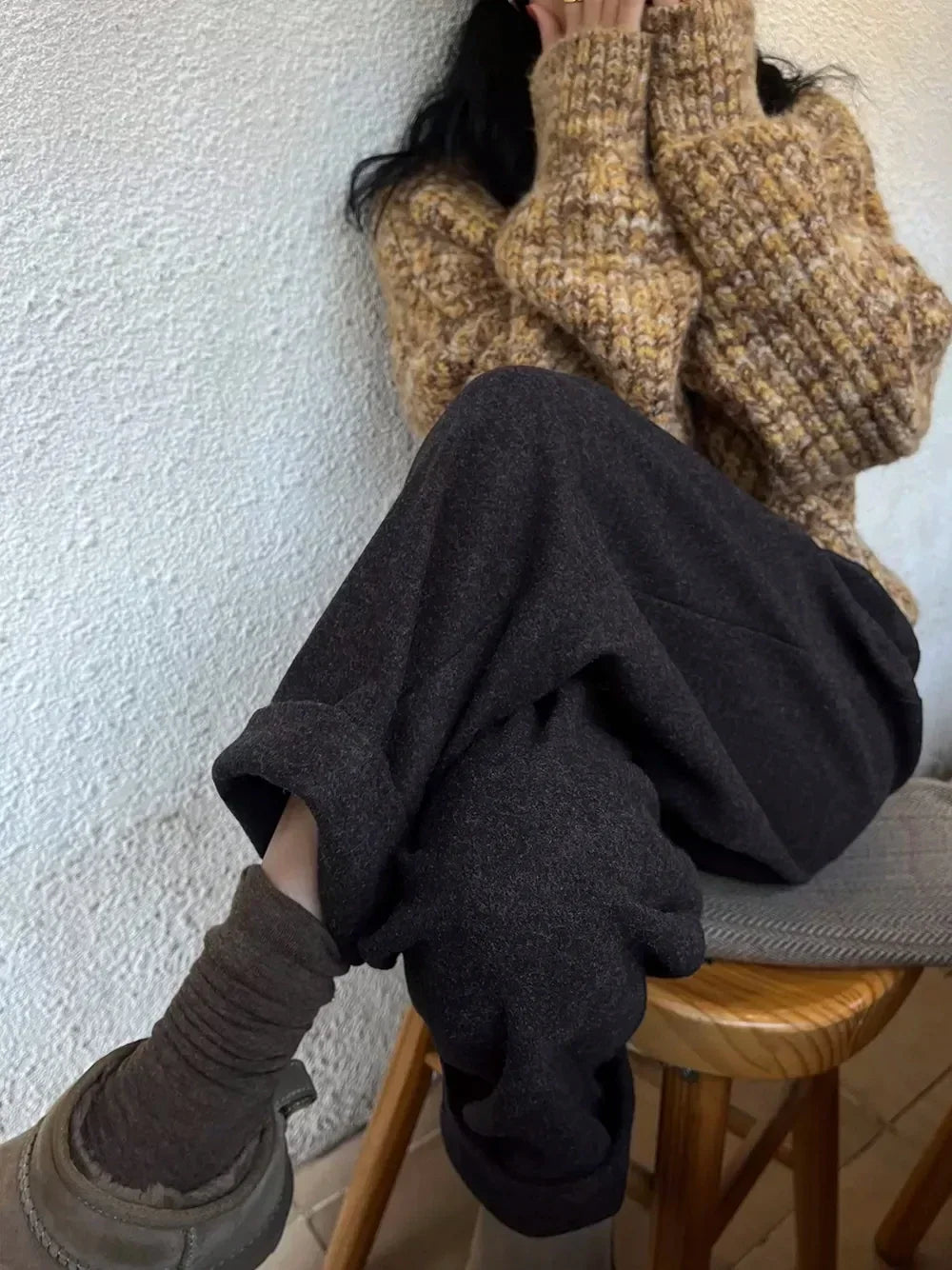 Casual Wool Pants – Loose Pockets, Winter High Waist Harem Trousers