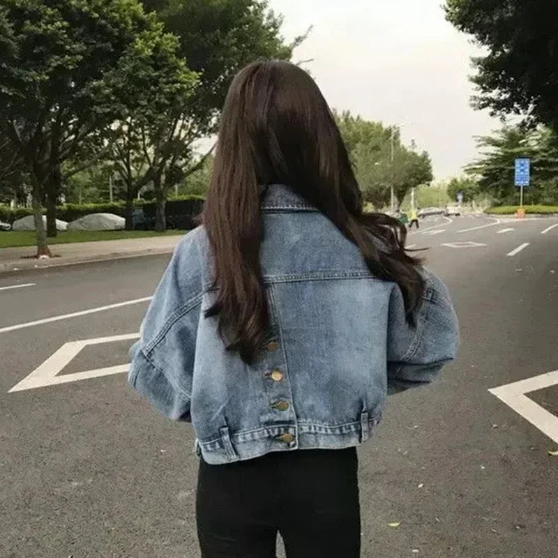 Cropped Denim Jacket – Back Split Bomber with Lapel and Buttons