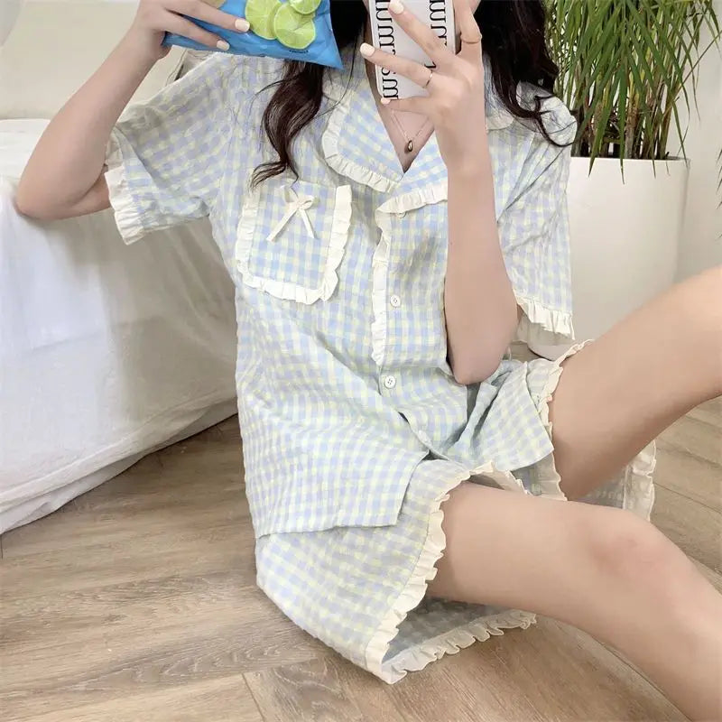Plaid Summer Pajama Set – Short Sleeve Top & Shorts, Casual Homewear