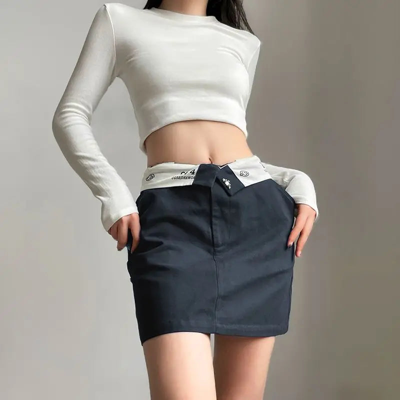 Retro Hip-Hop Skirt – High Waist Lapel Mini Skirt