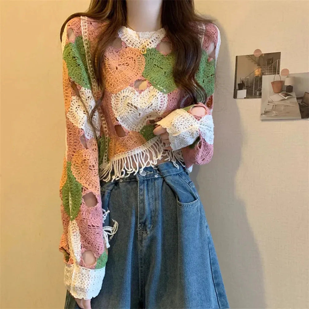 Vintage Hollow-Out Sweater – O-Neck Tassel Long Sleeve Knit Top