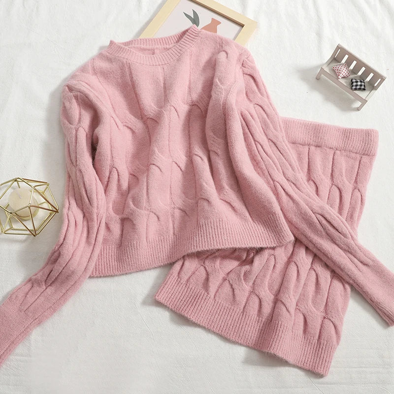 Knitted Two-Piece Set – O Neck Sweater Crop Top + Mini Skirt