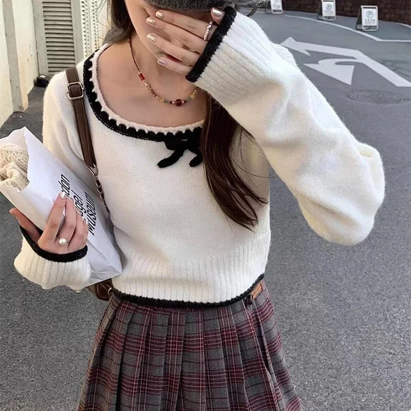 Long Sleeve Square Collar Knit Top – Cropped Fit