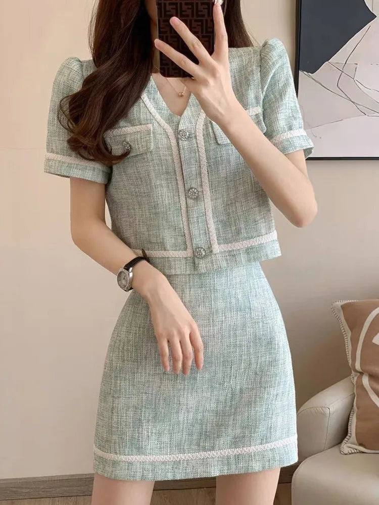 French Vintage Two-Piece Set – Short Jacket Coat + Mini Skirt
