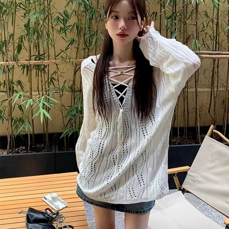 Summer Oversized Pullover – Long Sleeve Thin Knit Top
