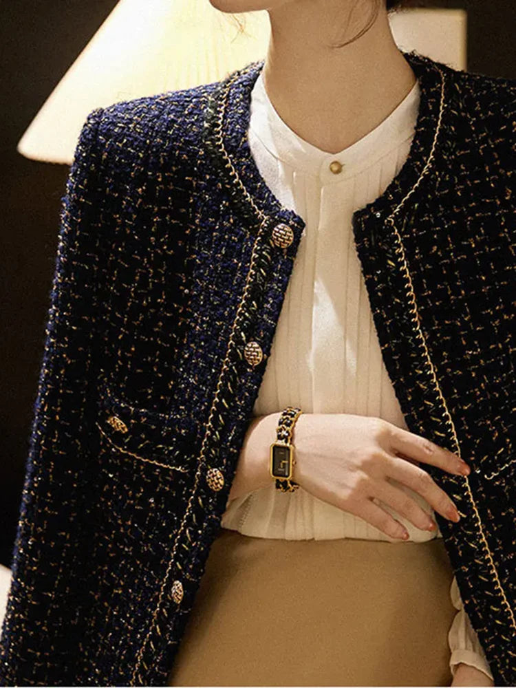 Tweed O-Neck Crop Jacket – Elegant Black Blazer