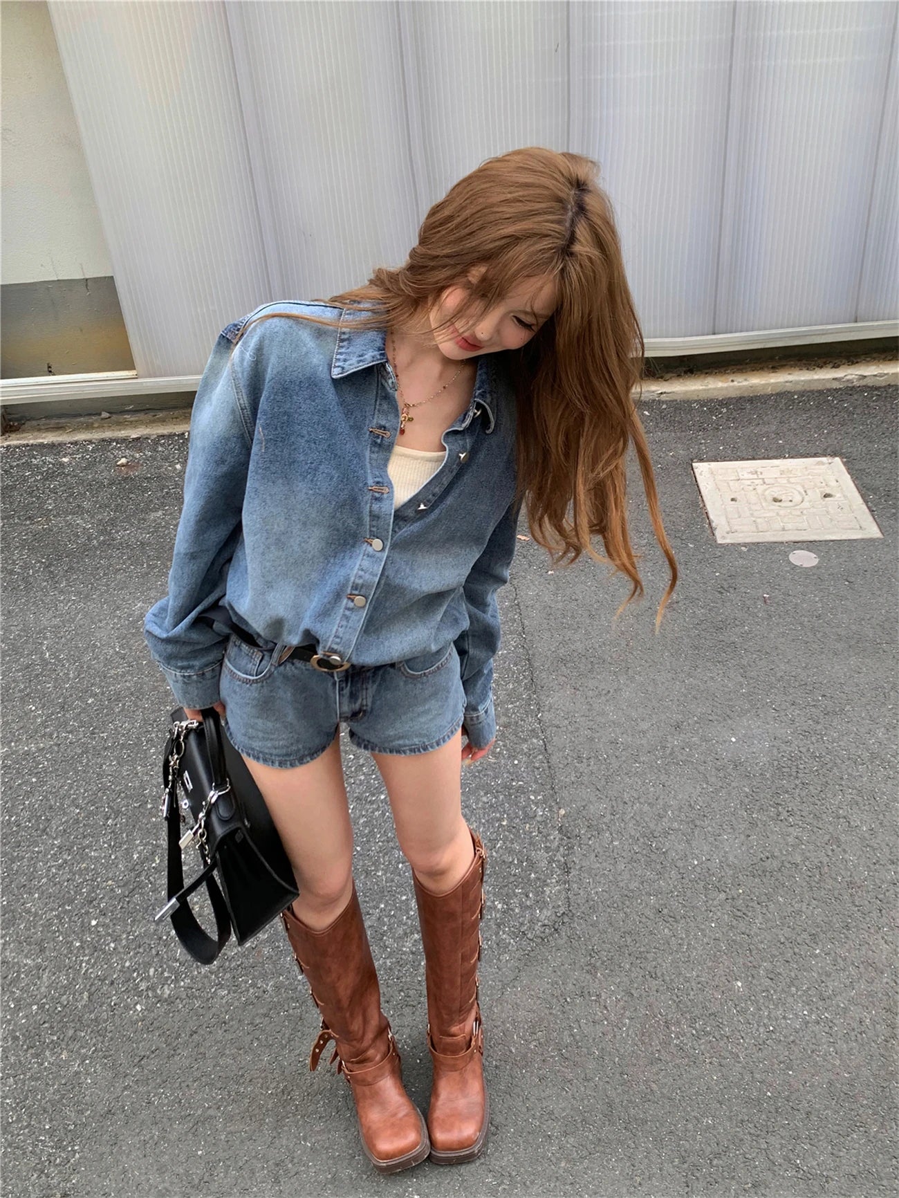 Denim Two-Piece Shorts Set – Long Sleeve Shirt + Mini Shorts