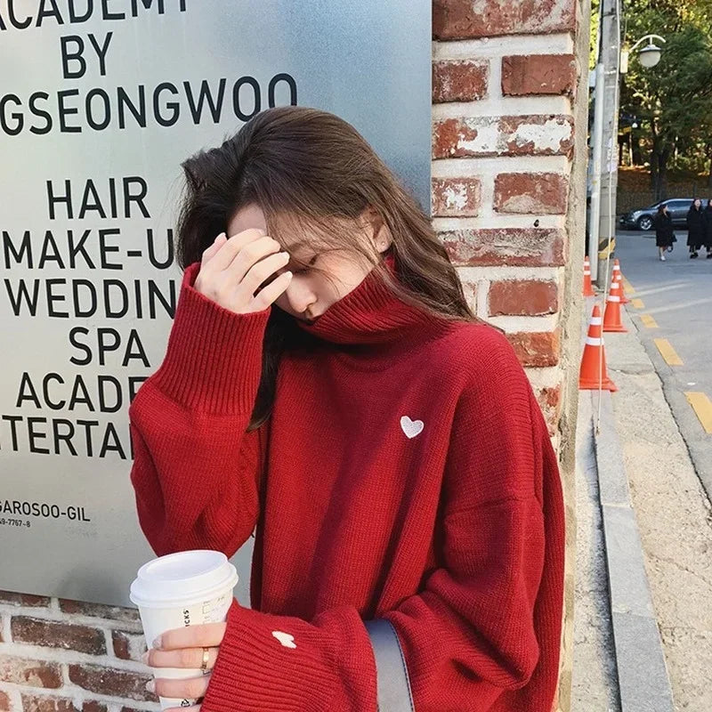 Heart Embroidery Turtleneck Sweater – Thick Warm Knit