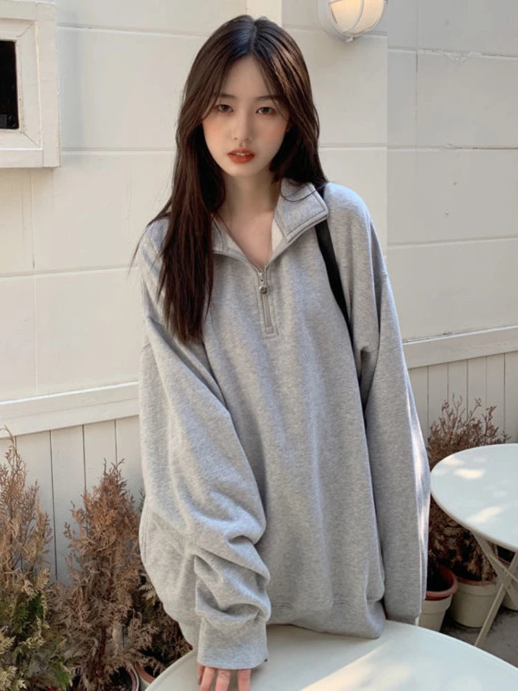 Vintage Oversized Sweatshirt – Zip Polo Collar Pullover