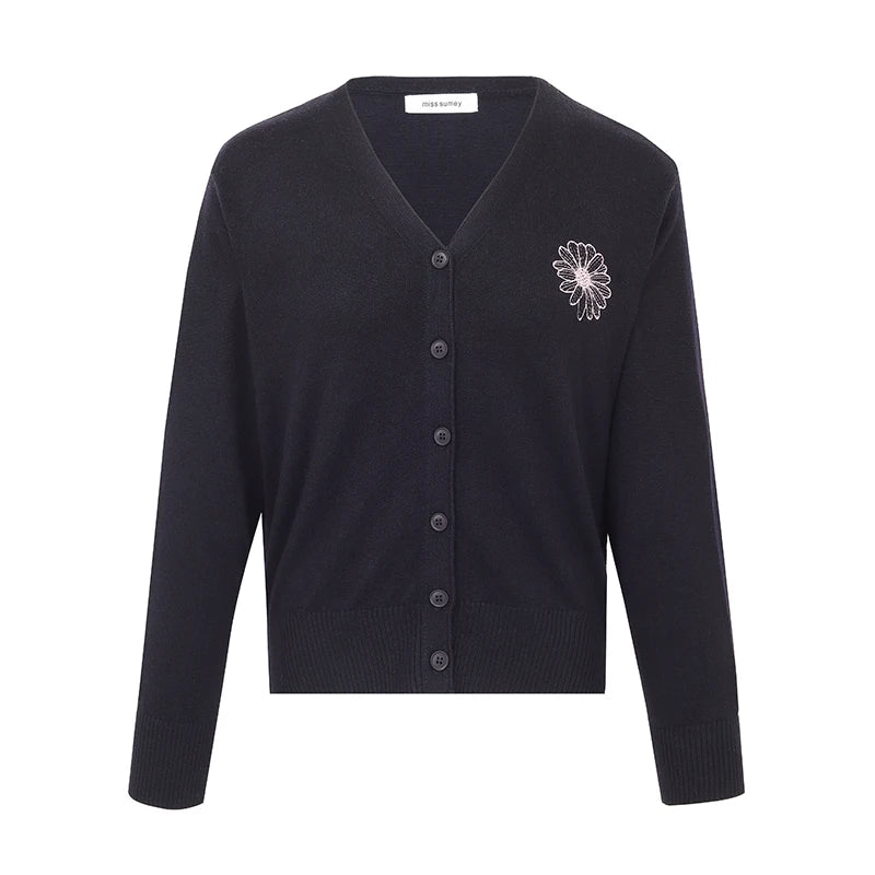 Knitted Cardigan Sweater – Long Sleeve, Embroidery Detail