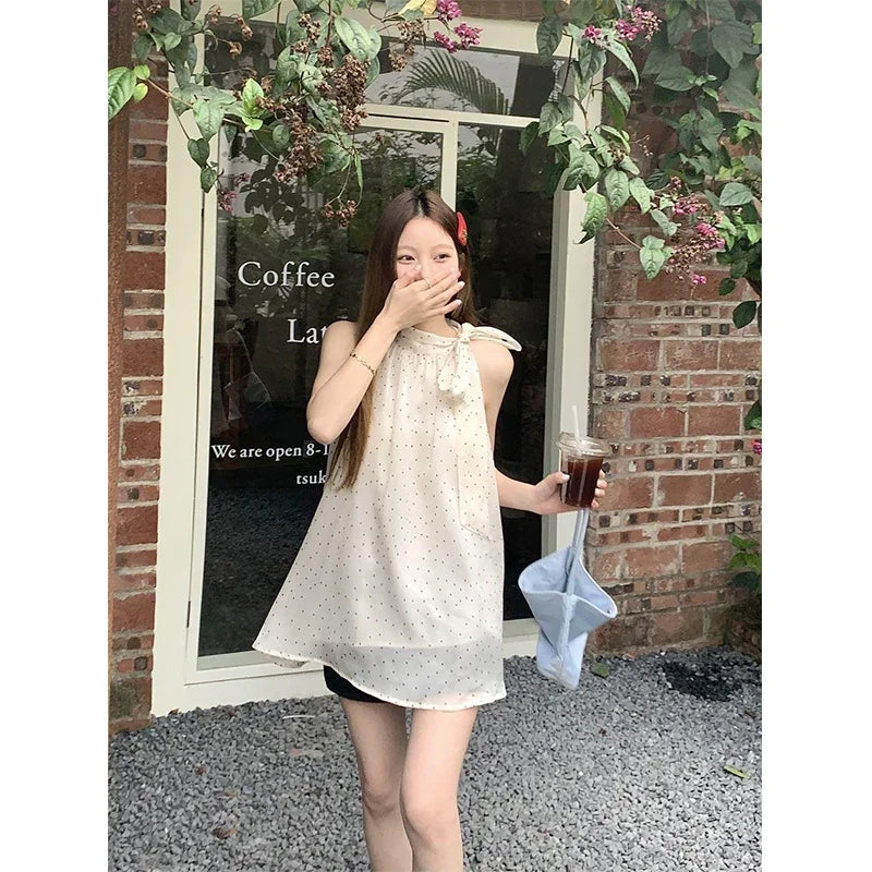 Sweet Dot Bow Blouse – Bandage Halter Top