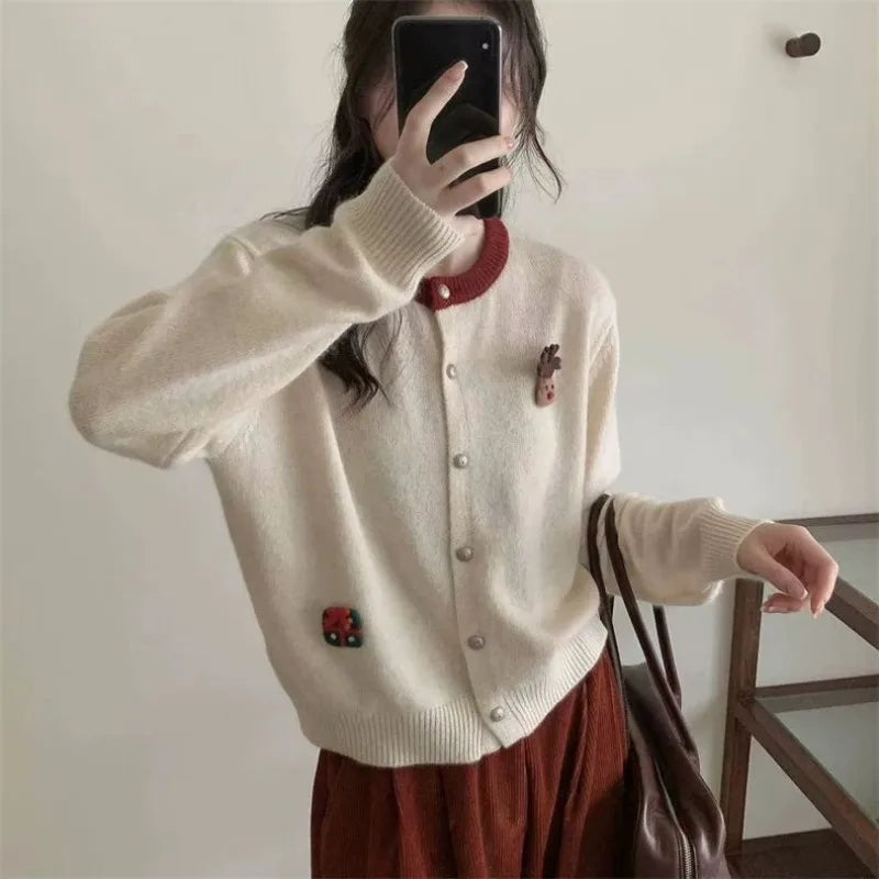Contrast Collar Knit Cardigan – Cute Cartoon Style