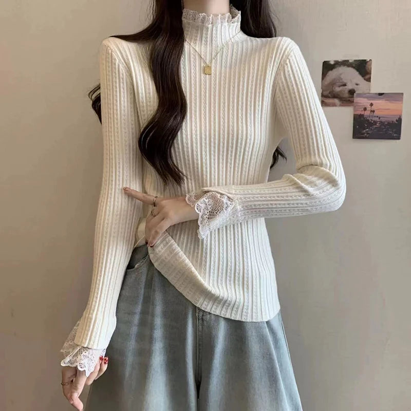 Lace Stitching Half Turtleneck Sweater – Slim Fit Knit Top