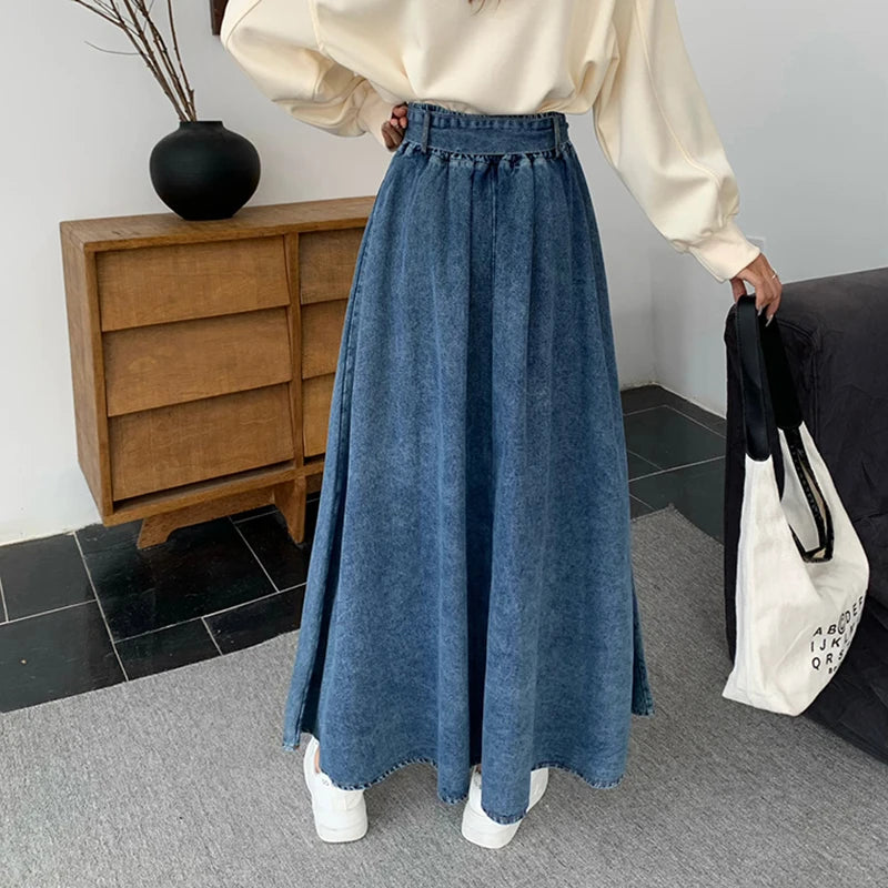 A-line Pleated Skirt – Long Jean Style, Vintage 2000s Look