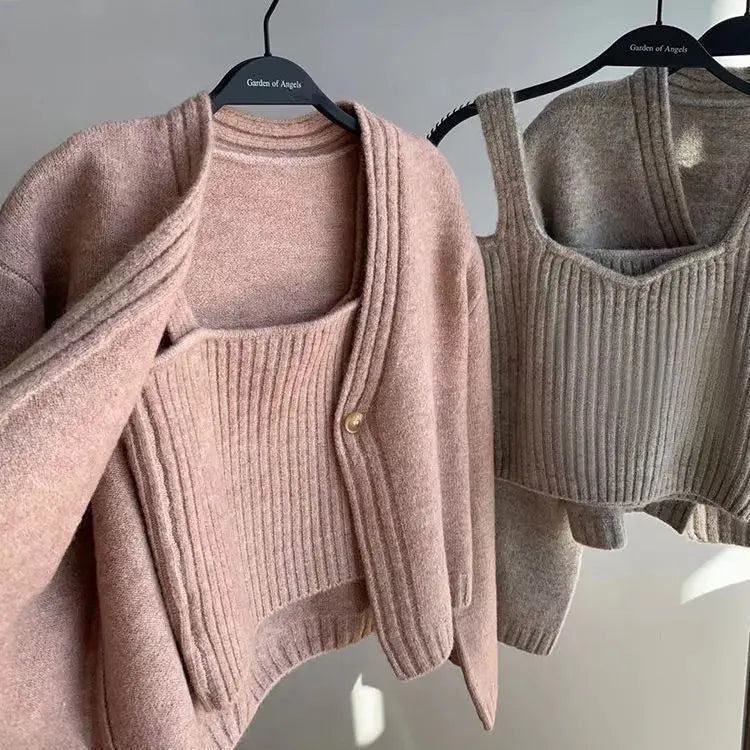 Slim Knit Camisole Cardigan Set – V-Neck 2-Piece