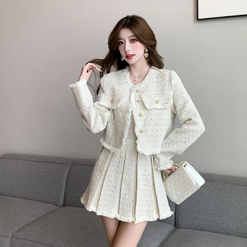 Tweed Jacket Mini Skirt Set – Autumn Winter Tassel Detail