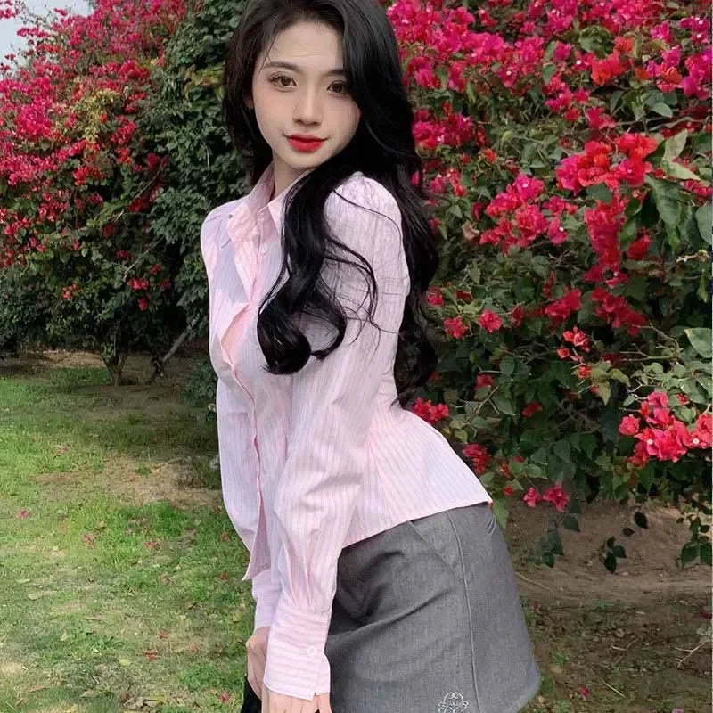 Pink Striped Shirt – V-Neck Folded Crop Top
