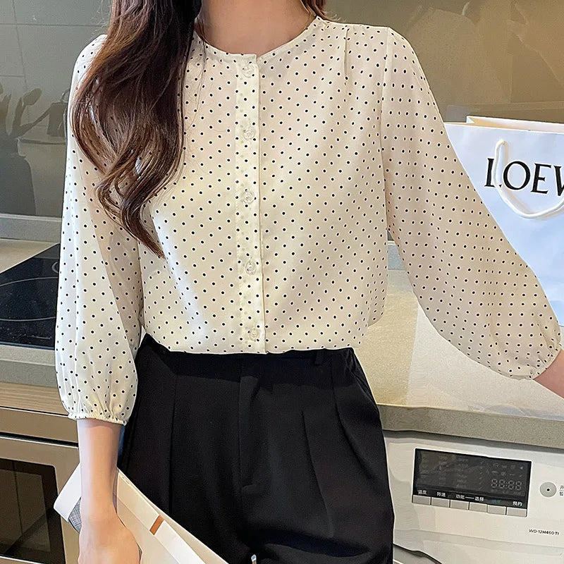 Polka Dot Chiffon Shirt – Loose O-Neck Office Blouse