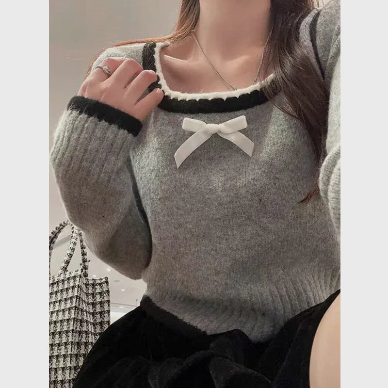 Long Sleeve Square Collar Knit Top – Cropped Fit