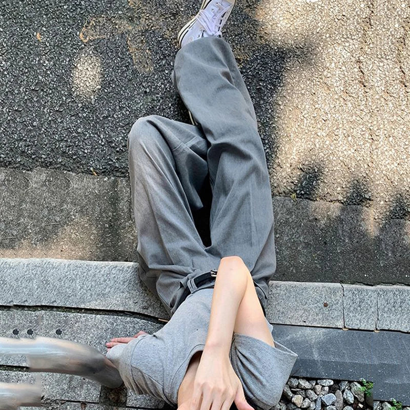 Streetwear Wide Leg Baggy Jeans – High Waist Loose Gray Trousers