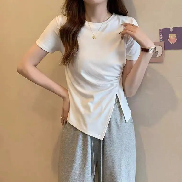 O-Neck Irregular Crop T-Shirt – Short Slit Hem Casual Top