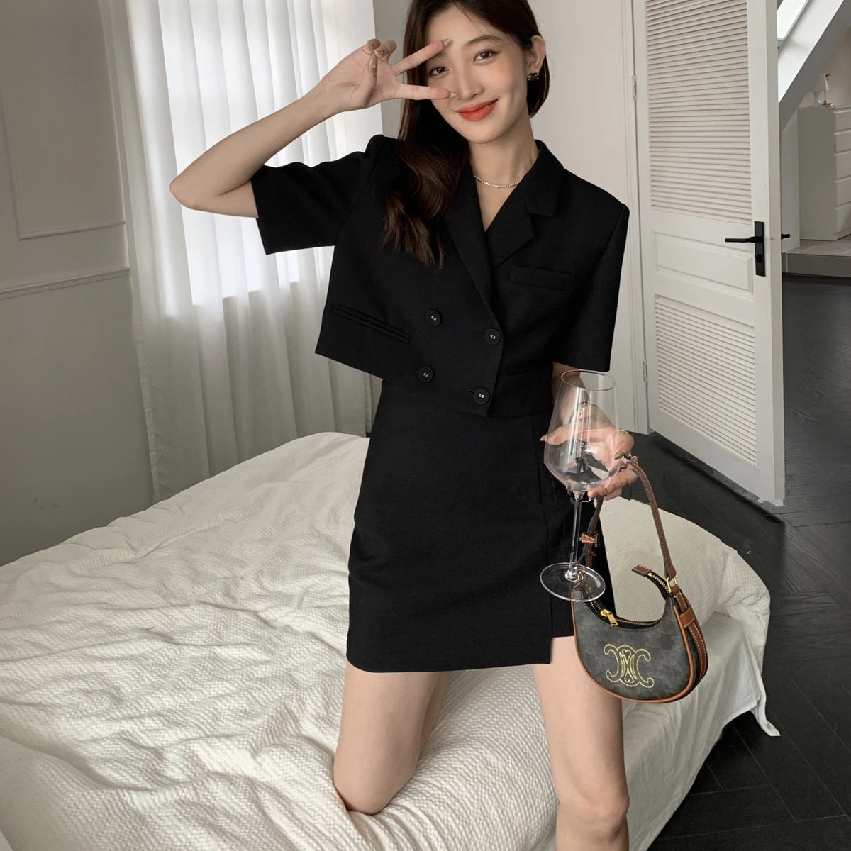 Double-Breasted Mini Skirt Set – Cropped Blazer Two-Piece