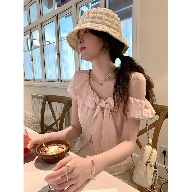 Sweet Pink Striped Shirt – Cropped Bow Blouse