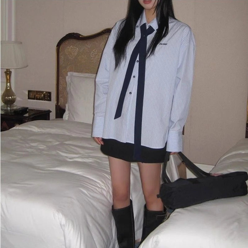 Blue Striped Long Sleeve Letter Embroidery Shirt