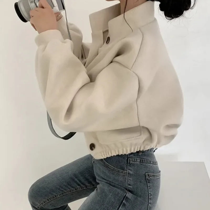Solid Stand Collar Jacket – Vintage Loose Fit for Fall