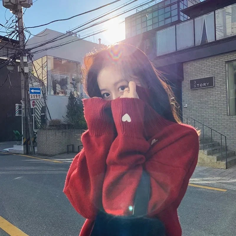 Heart Embroidery Turtleneck Sweater – Thick Warm Knit