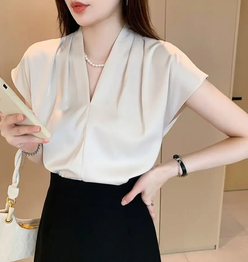 Chiffon Pullover Blouse – Short Sleeve Office Wear