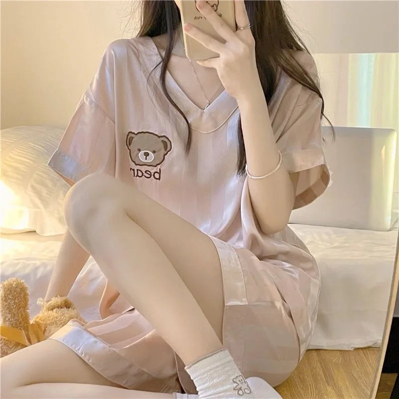 Bear Satin Pajama Set – Short-Sleeve Top & Shorts, Cute Sleepwear