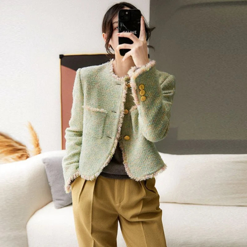 Tweed Green Short Jacket – Chic & Elegant Winter Coat