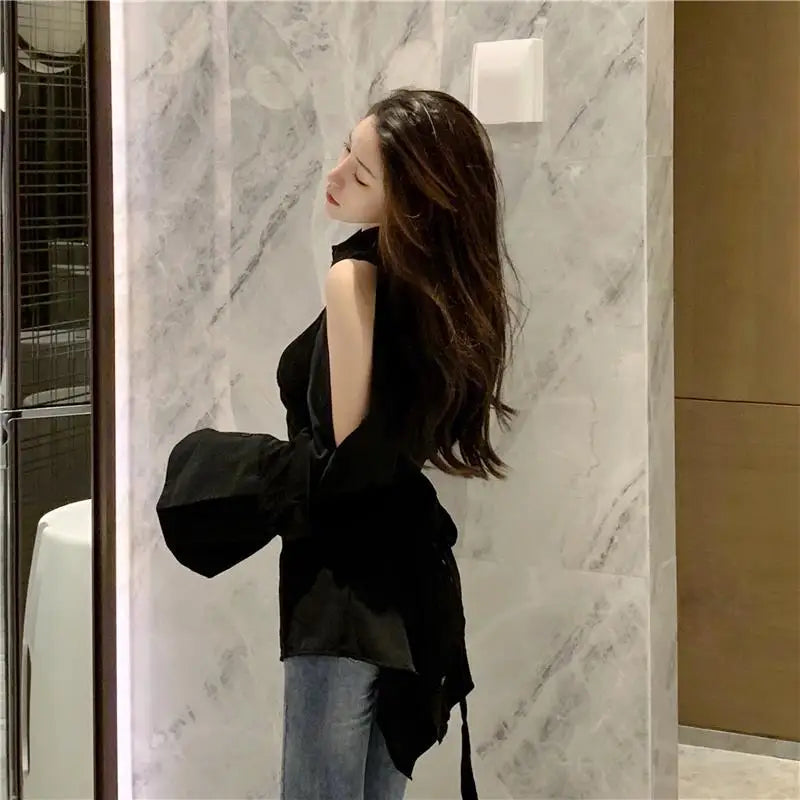 Off-Shoulder Long Sleeve Blouse – Backless Design
