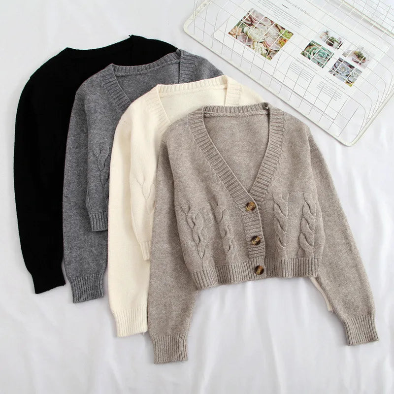 V-Neck Cropped Twist Knit Cardigan – Long Sleeve Slim Fit