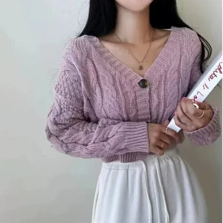 Lantern Sleeve Sweater Cardigan – Cropped Knit Top