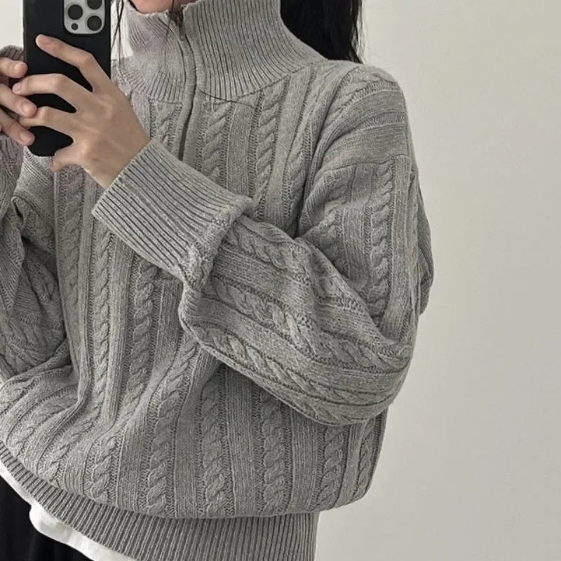 Half Zipper Sweater – Loose Casual Knit Pullover