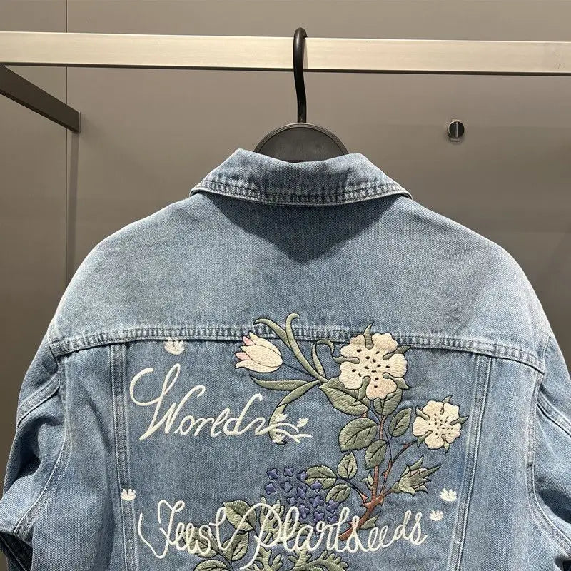 Floral Embroidery Denim Jacket – Button-Up Style