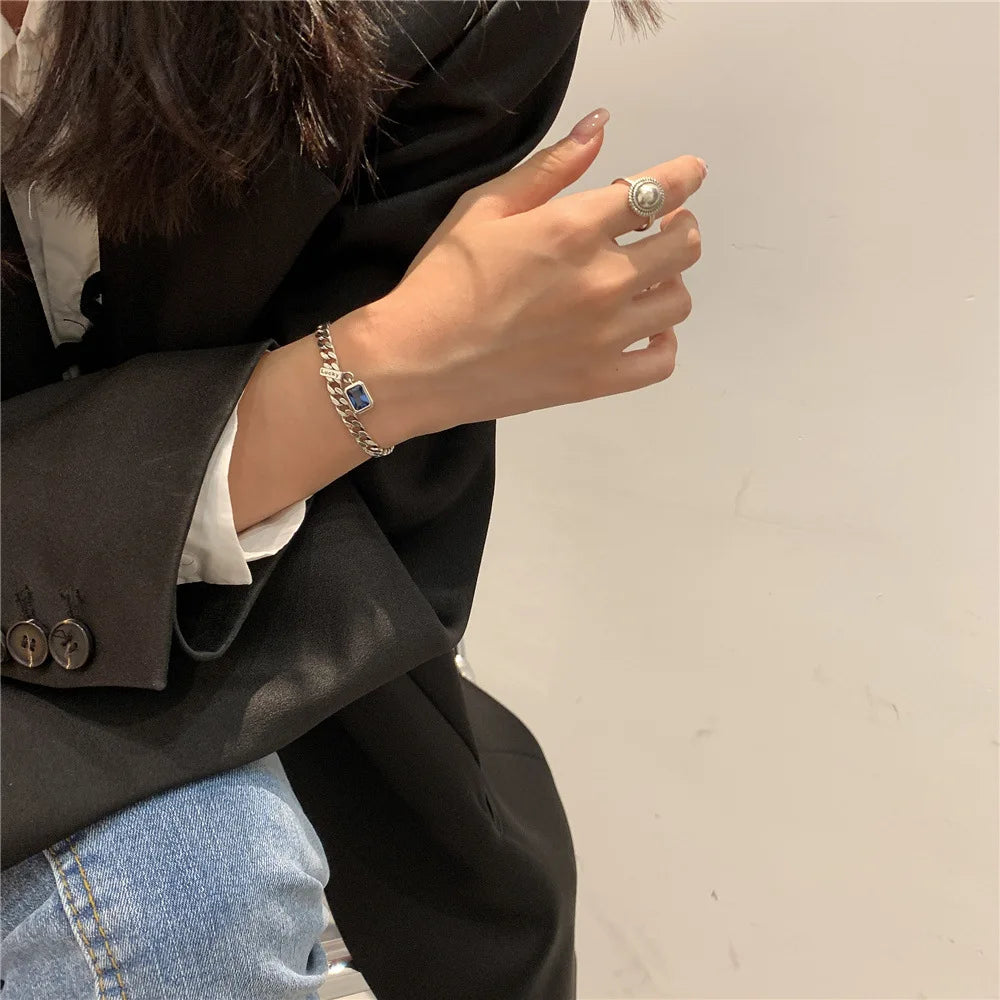 925 Sterling Silver Square Blue Crystal Bracelet