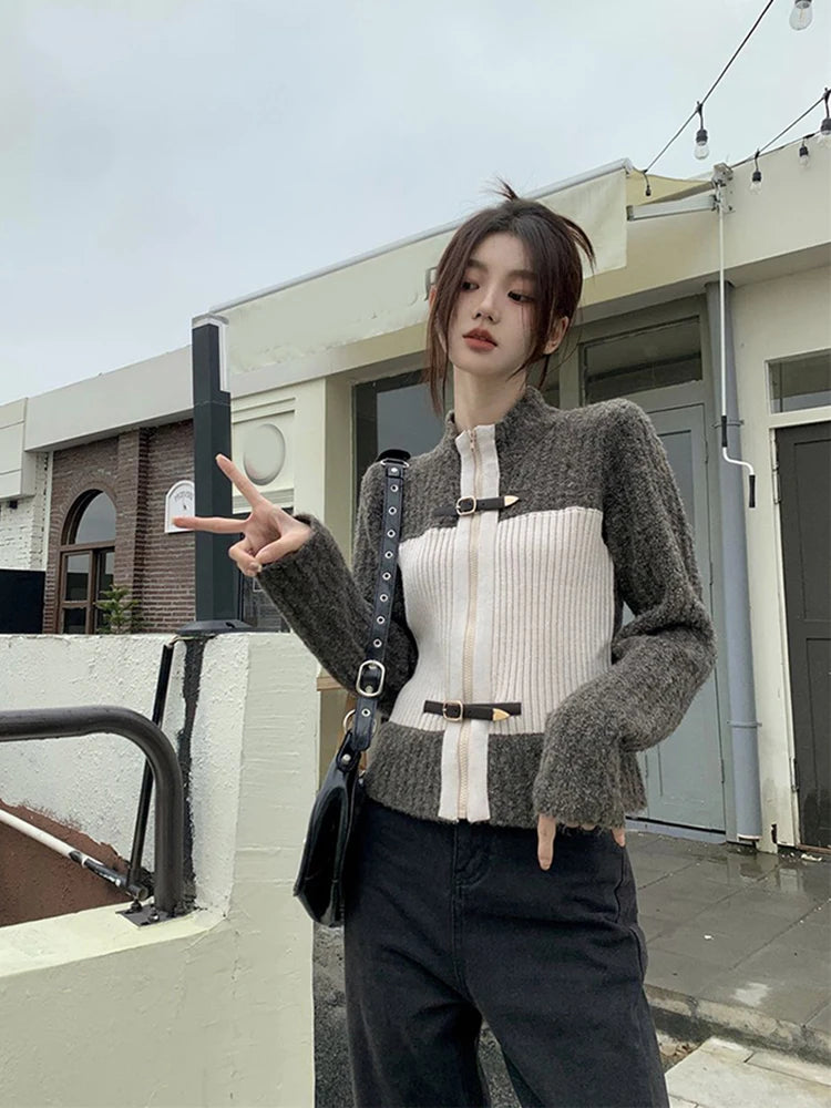 Patchwork Knit Cardigan – Casual Streetwear V-Neck Top