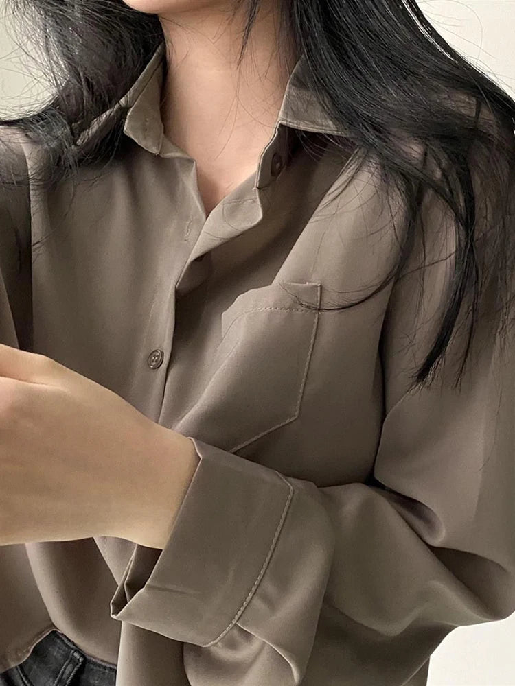 Solid Long Sleeve Button-Up Blouse – Chiffon & Short Style