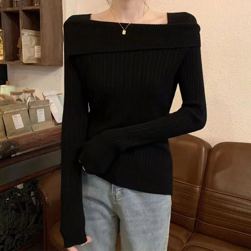 Slim Off-Shoulder Slash Neck Knit Sweater – Long Sleeve