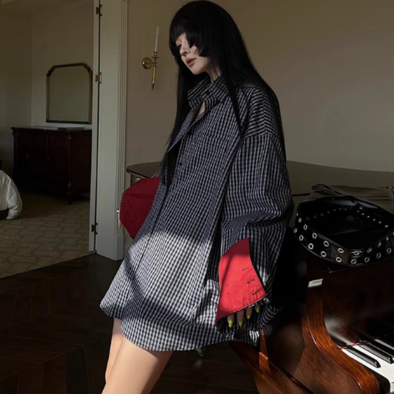 Vintage Plaid Contrast Blouse – Flip Sleeve